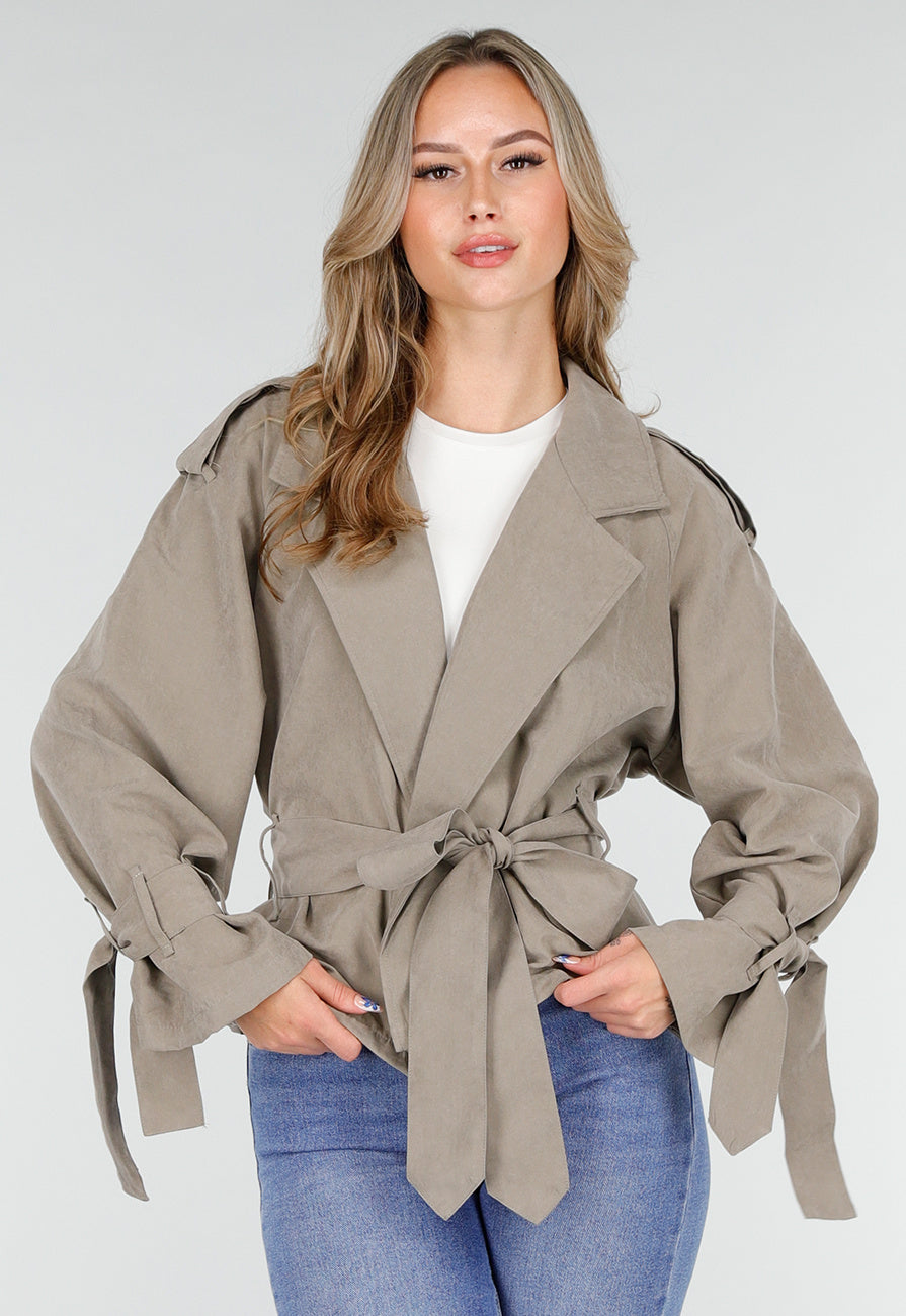 Beige Cropped Trenchcoat Jas met Strikceintuur