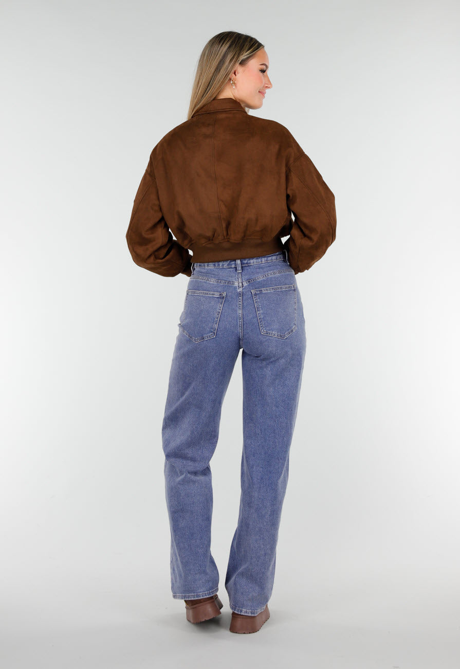 Bruine Cropped Bomberjas met Zilverkleurige Rits en Utility-Zak op de Mouw