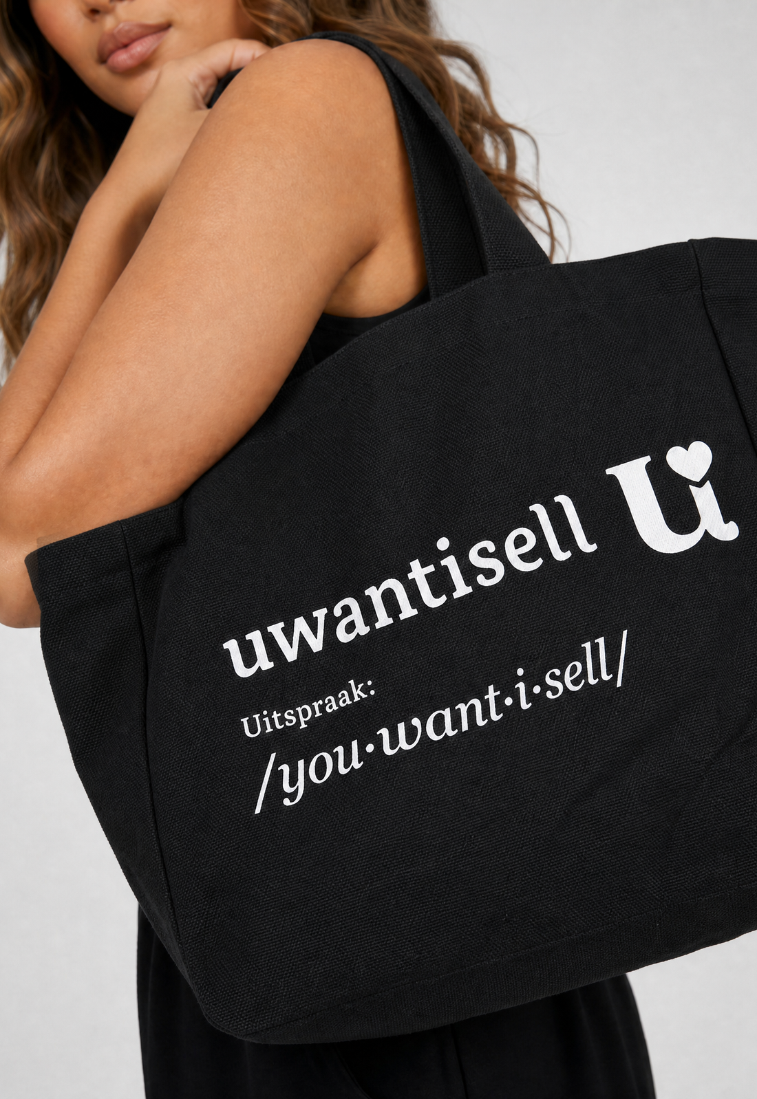 NEW010726 Uwantisell™ Zwarte Canvas Shopper met Dubbele Schouderhengsels en Opdruk