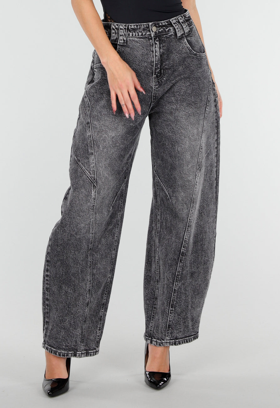 Grijze Barrel Jeans met Stonewashed Look en Hoge Taille