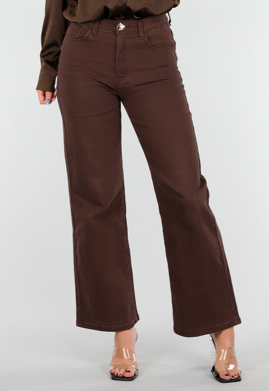 Bruine High Waist Stretch Jeans met Rechte Pijpen