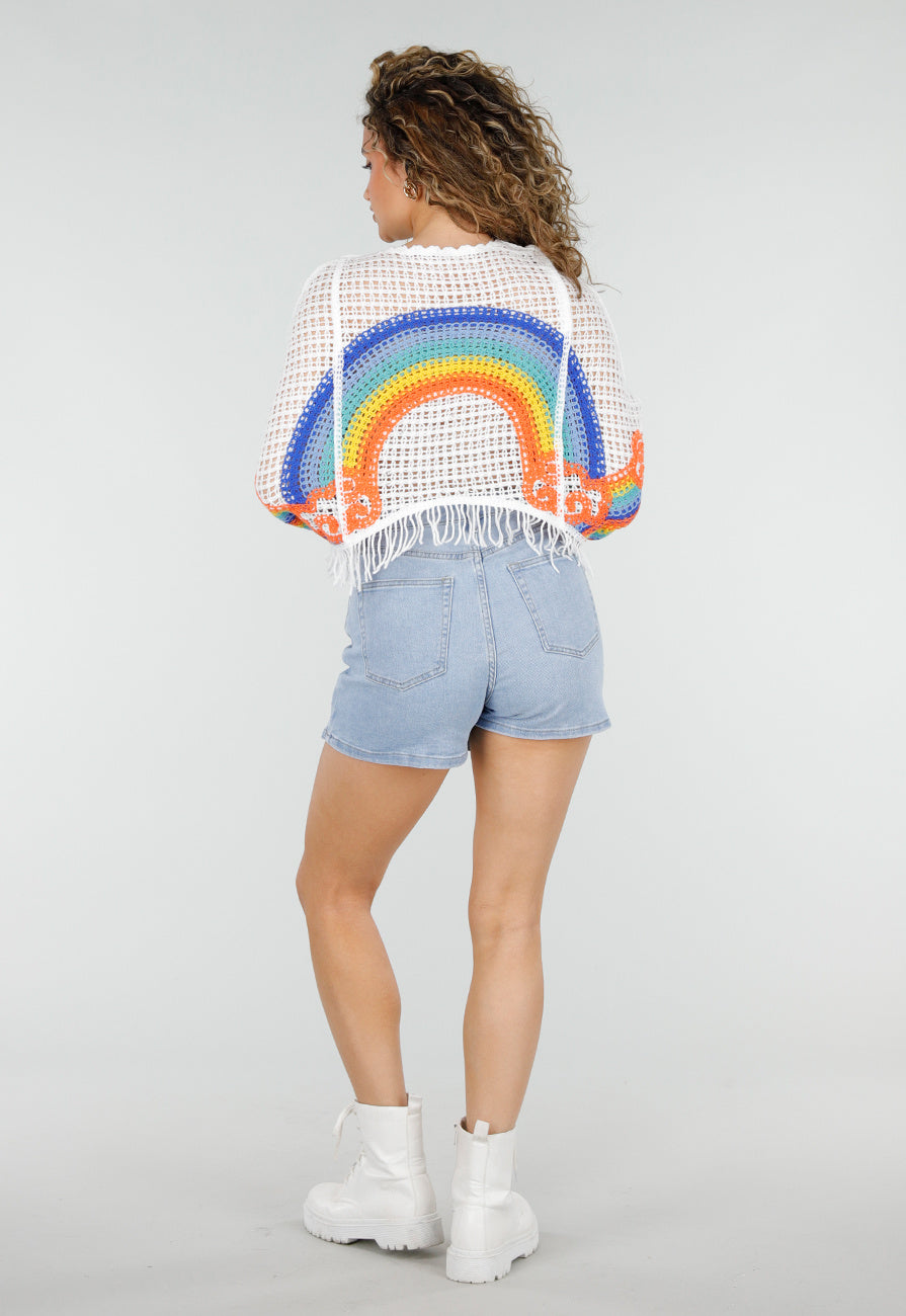 Witte Gehaakte Trui met Regenboog Print en Franjes
