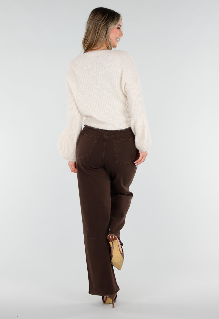 Beige Wollen Wikkel Vest met Strikdetail en Ballonmouwen