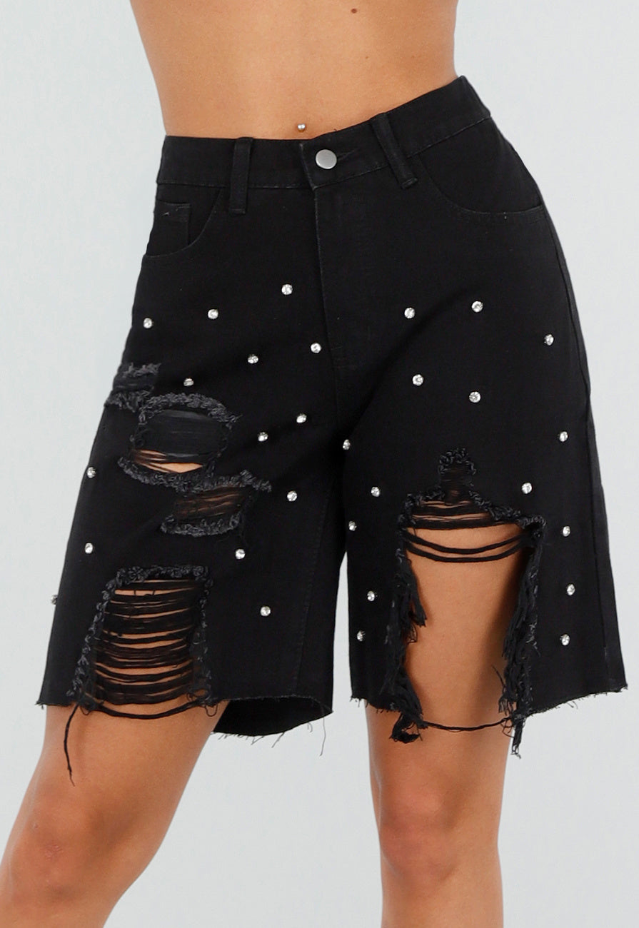 NEW080726 Zwarte Denim Bermuda Shorts met Strass en Destroyed Details Voor Dames