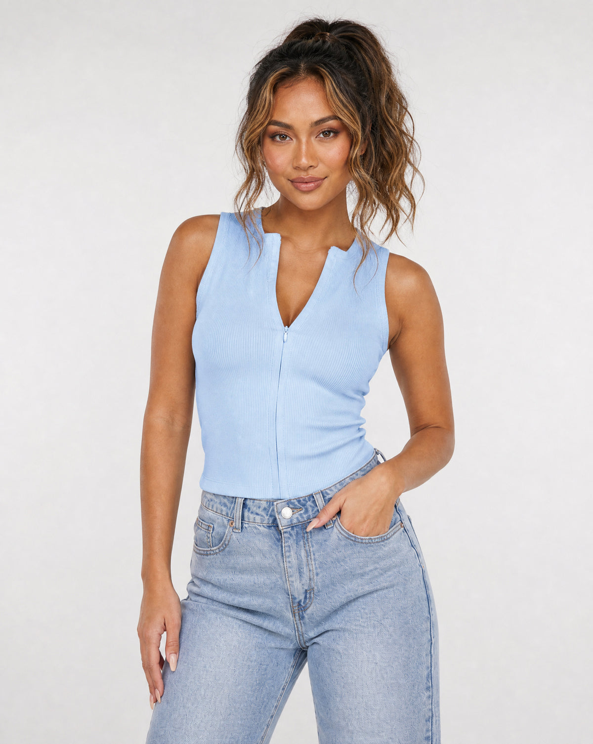 Lichtblauwe Rib Top met Ritssluiting en Stretch