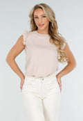 Beige Mouwloze Top met Volants bij de Schouders en Strik