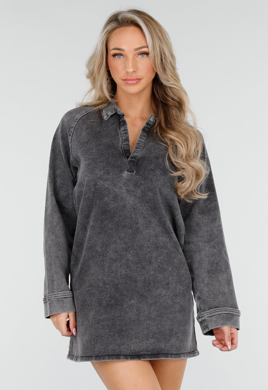 Redial Jeans Grijze Longsleeve Oversized Denim Jurk met V-hals