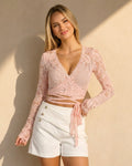 NEW080726 Roze Kanten Wikkel Top met Lange Mouwen