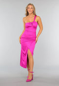 Fuchsia Padded One Shoulder Midi Jurk