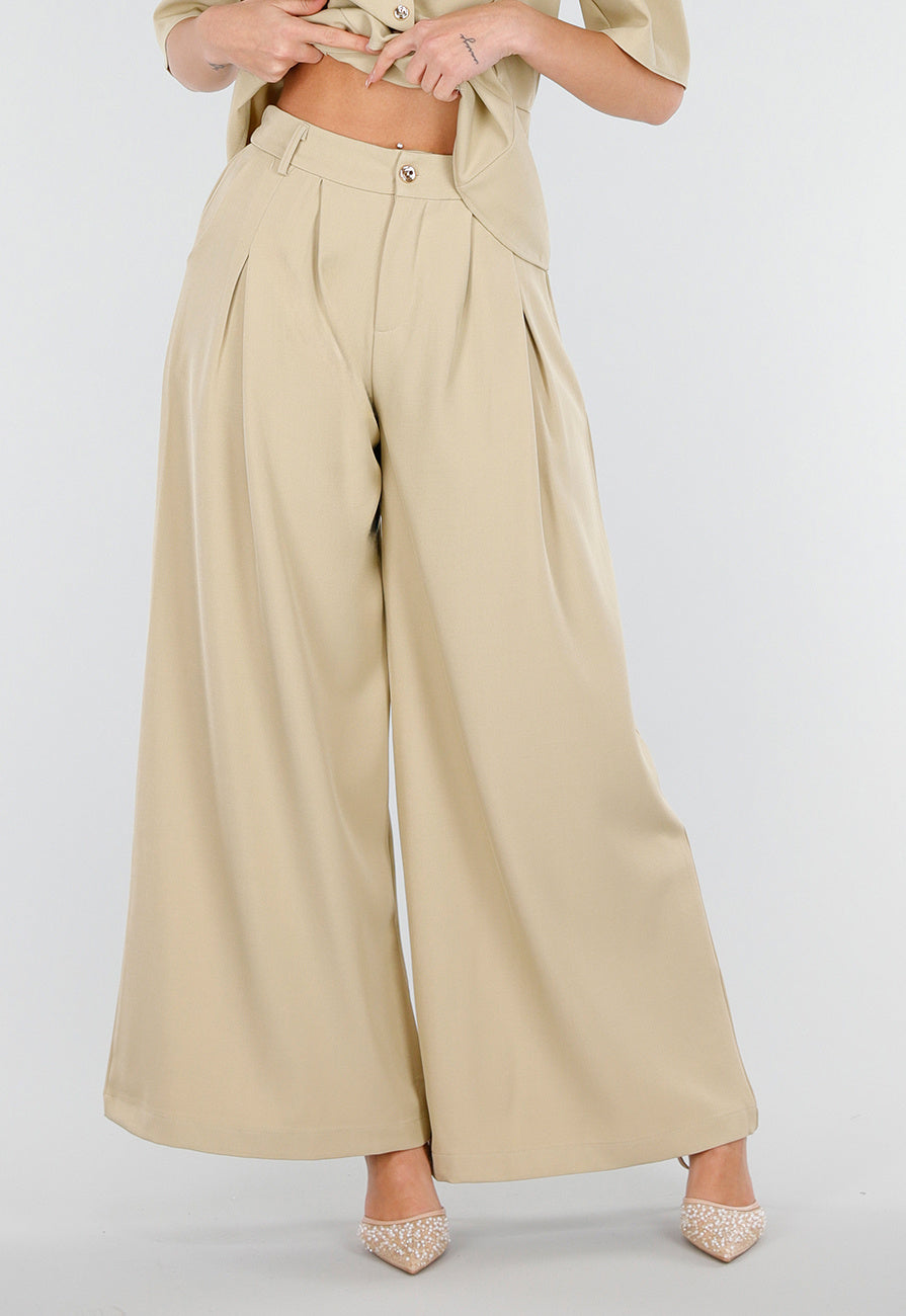 Beige Wide Leg Pantalon met Plooien en Stretch