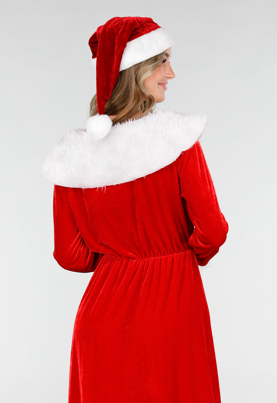 Rode Kerst Maxi Jurk met Riem en Kerstmuts