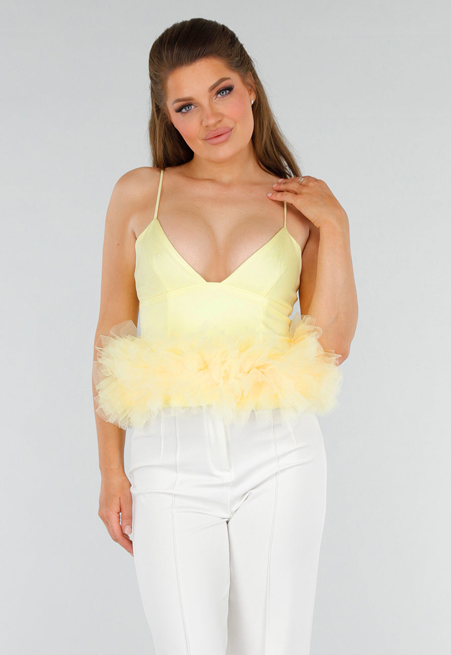 Botergele Tanktop met V-Hals en Tule Onderzijde met Stretch