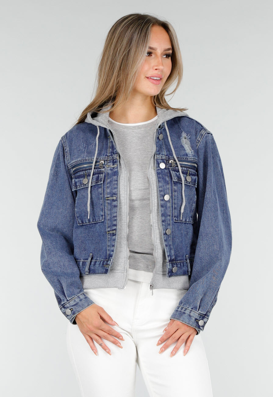 Blauwe Denim Jas met Grijze Capuchon en Zakken met Rits