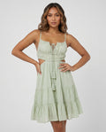 Groene Mousseline Midi Jurk met Open Rug en Volants