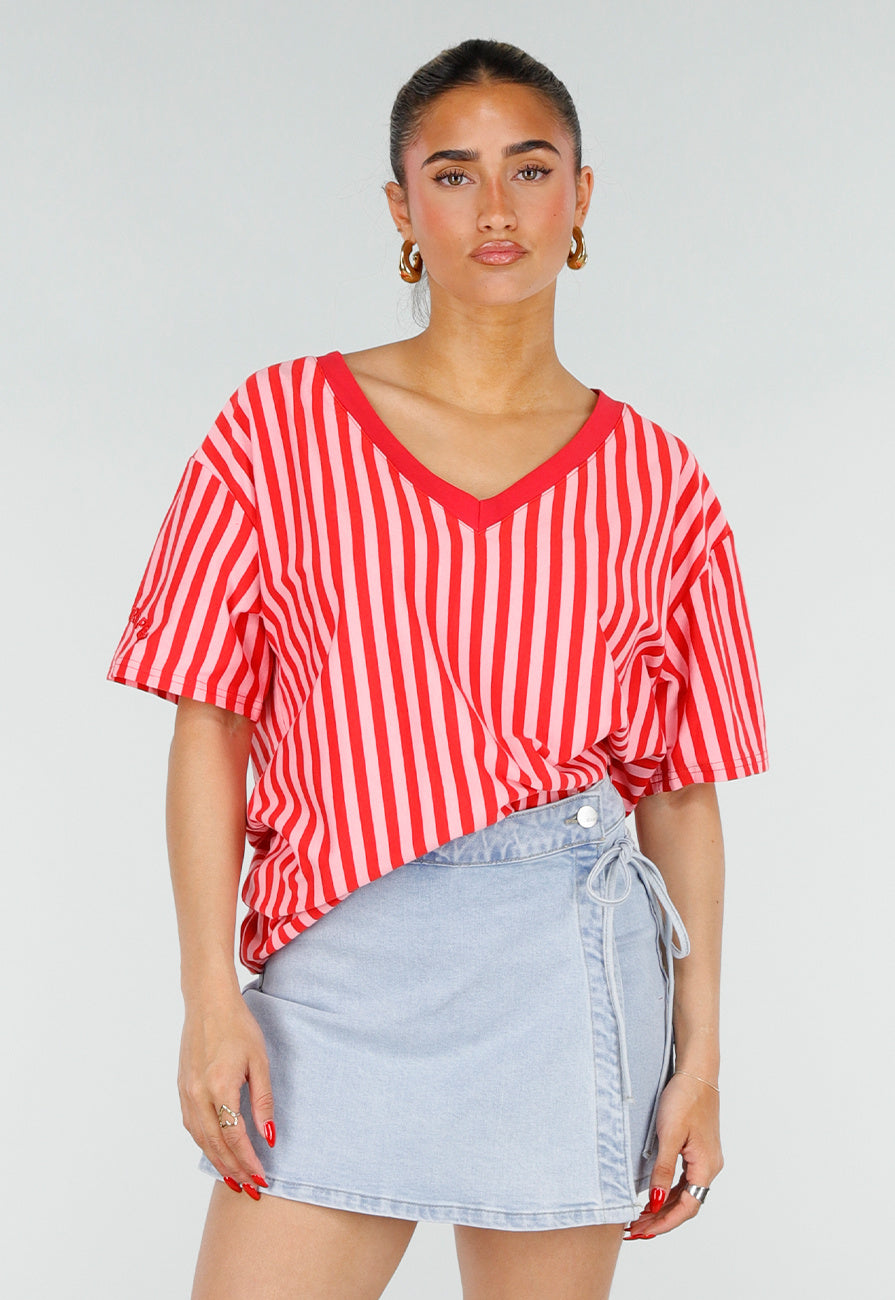 Roze Rode Gestreepte Oversized T-shirt met V-hals