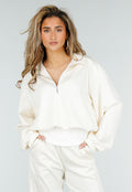 Crème Sweater met Halve Rits en Elastische Boorden