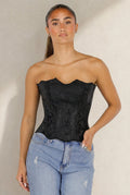 NEW290726 Zwart Korset met Jacquard Print, Baleinen en Vetersluiting