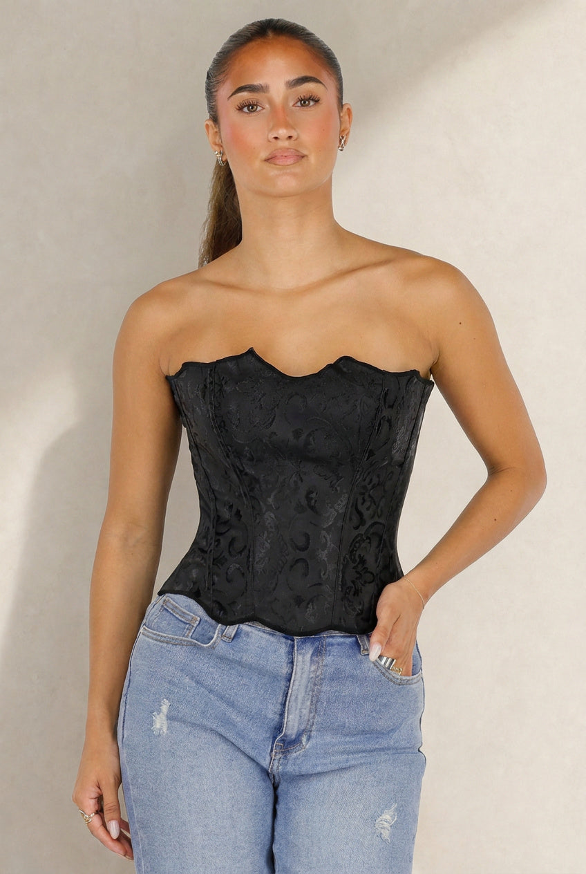NEW290726 Zwart Korset met Jacquard Print, Baleinen en Vetersluiting