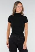 Zwarte Stretch Top met Col en Korte Mouwen