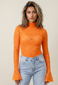 Oranje Kant Top met Col en Uitlopende Lange Mouwen