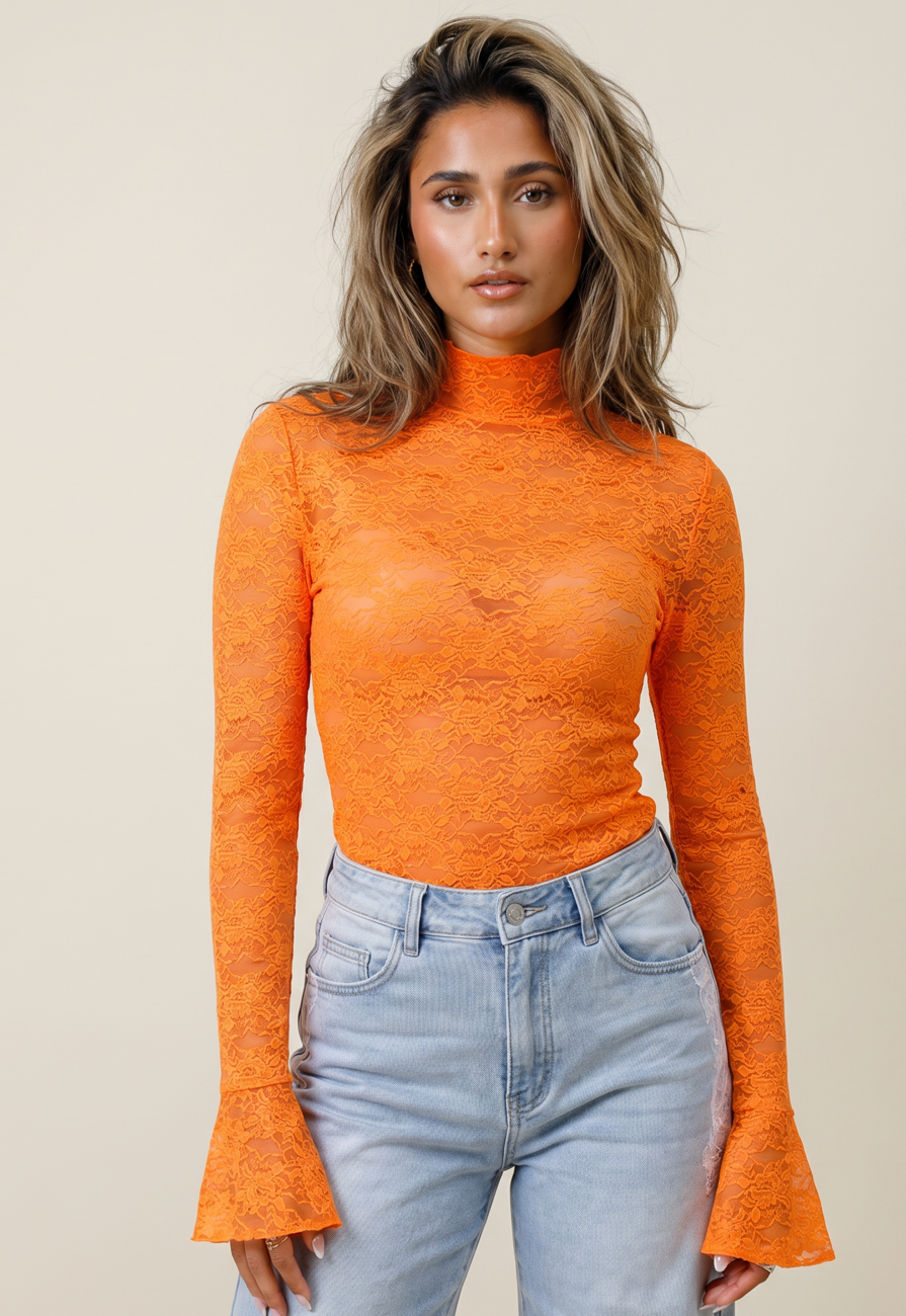 Oranje Kant Top met Col en Uitlopende Lange Mouwen
