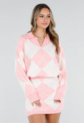 Roze Gebreide Ruitpatroon Set met Trui en Rok