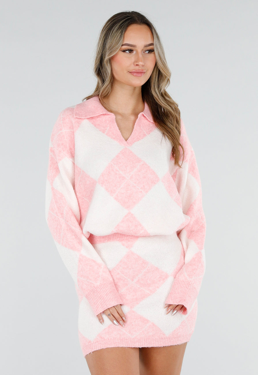 Roze Gebreide Ruitpatroon Set met Trui en Rok