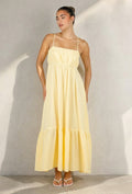 Gele Mousseline Maxi Jurk met Spaghettibandjes en Smokdetail