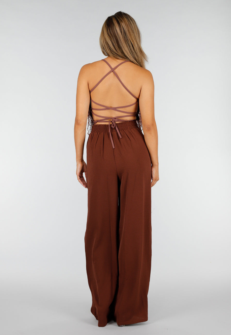 NEW190826 Bruine Glitter Top met Pailletten Franjes en Spaghettibandjes