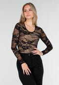 Zwarte Kant Bodysuit met Stretch en Beige Onderlaag