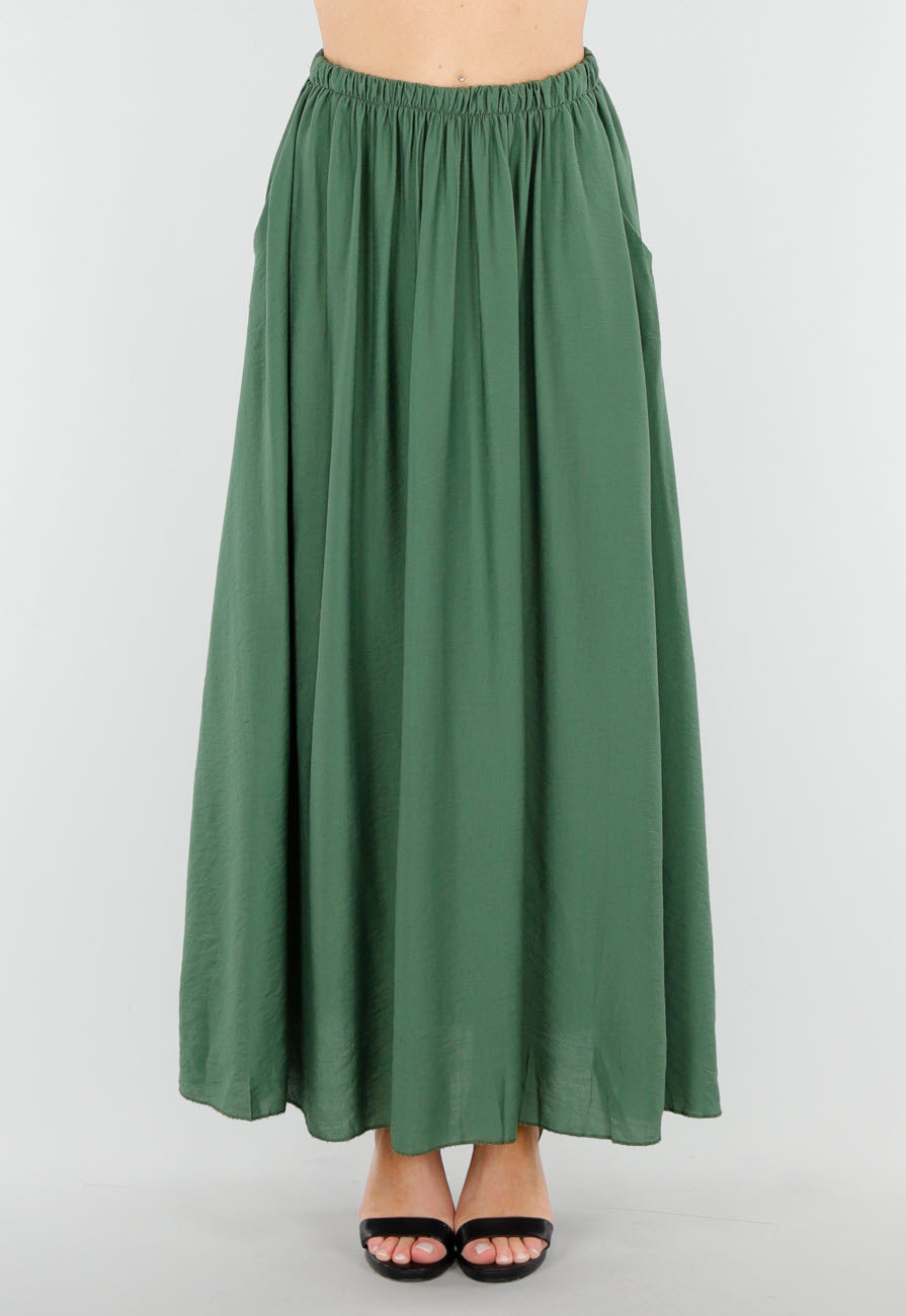 Mosgroene Linnenlook Maxi Rok met Zakken en Elastische Tailleband