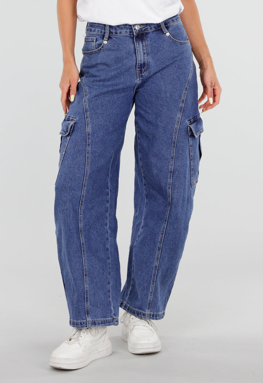 NEW050826 Blauwe Cargo Barrel Jeans met Opgestikte Zakken