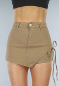 Khaki Denim Skort met Overslag en Veterdetails