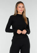 Zwarte Zachte Stretch Top met Col en Lange Mouwen