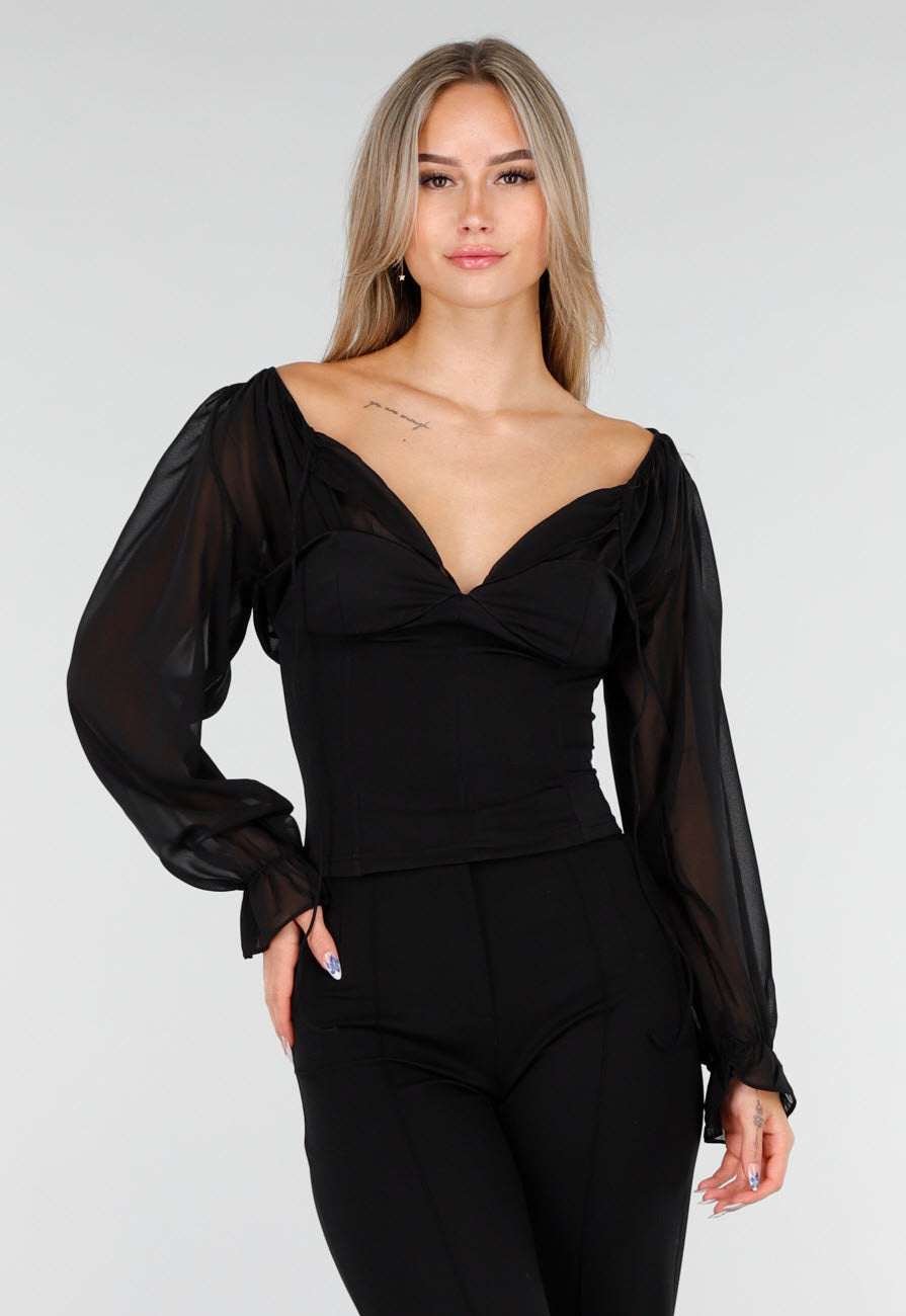 Zwarte Top met Mesh Mouwen en Korsetvormig Lijfje