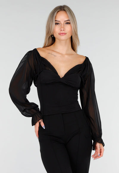 Zwarte Top met Mesh Mouwen en Korsetvormig Lijfje