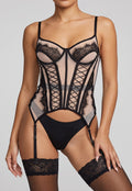 NEW260826 Zwart Mesh Lingerie Korset met Kant, Veterdetails en Jarretels