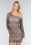 Korte One Shoulder Mesh Stretch Jurk met Panterprint