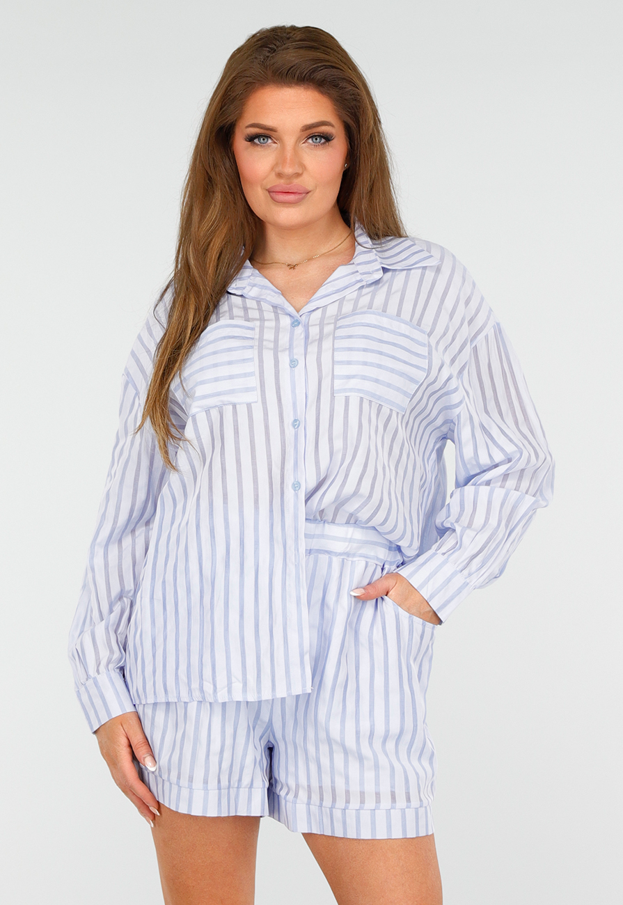 Blauwe Set van Short en Blouse met Streepjes en Elastische Tailleband