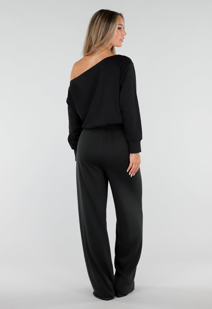 NEW220726 Zwarte Tall Jogger Set met One Shoulder Sweater