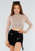 Beige Mesh Sporttop met Ingewerkte BH en Lange Mouwen