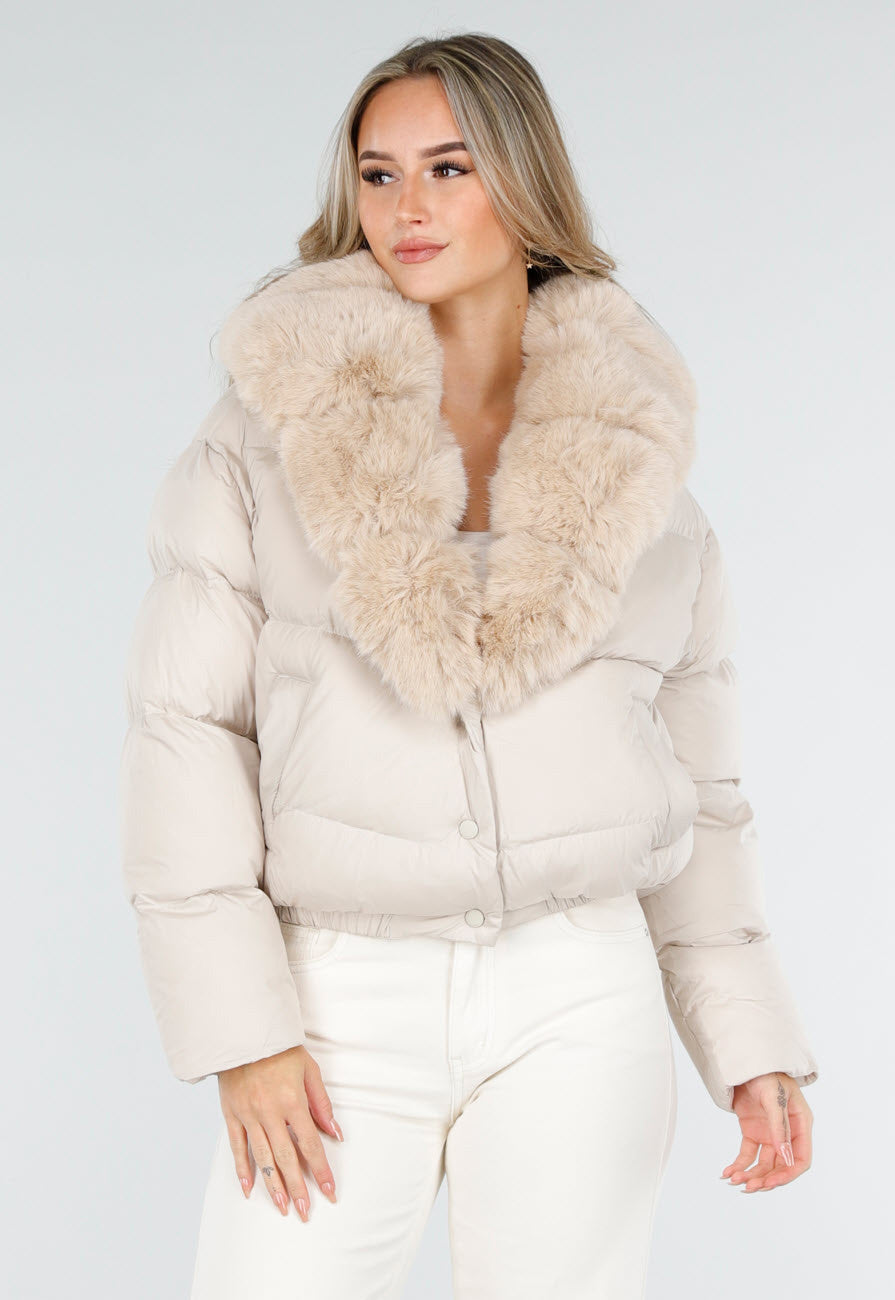 Beige Pufferjas met Bontkraag en Drukknopen