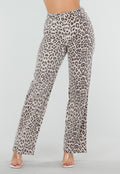 Beige Denim Straight Leg Jeans met Luipaardprint en Hoge Taille