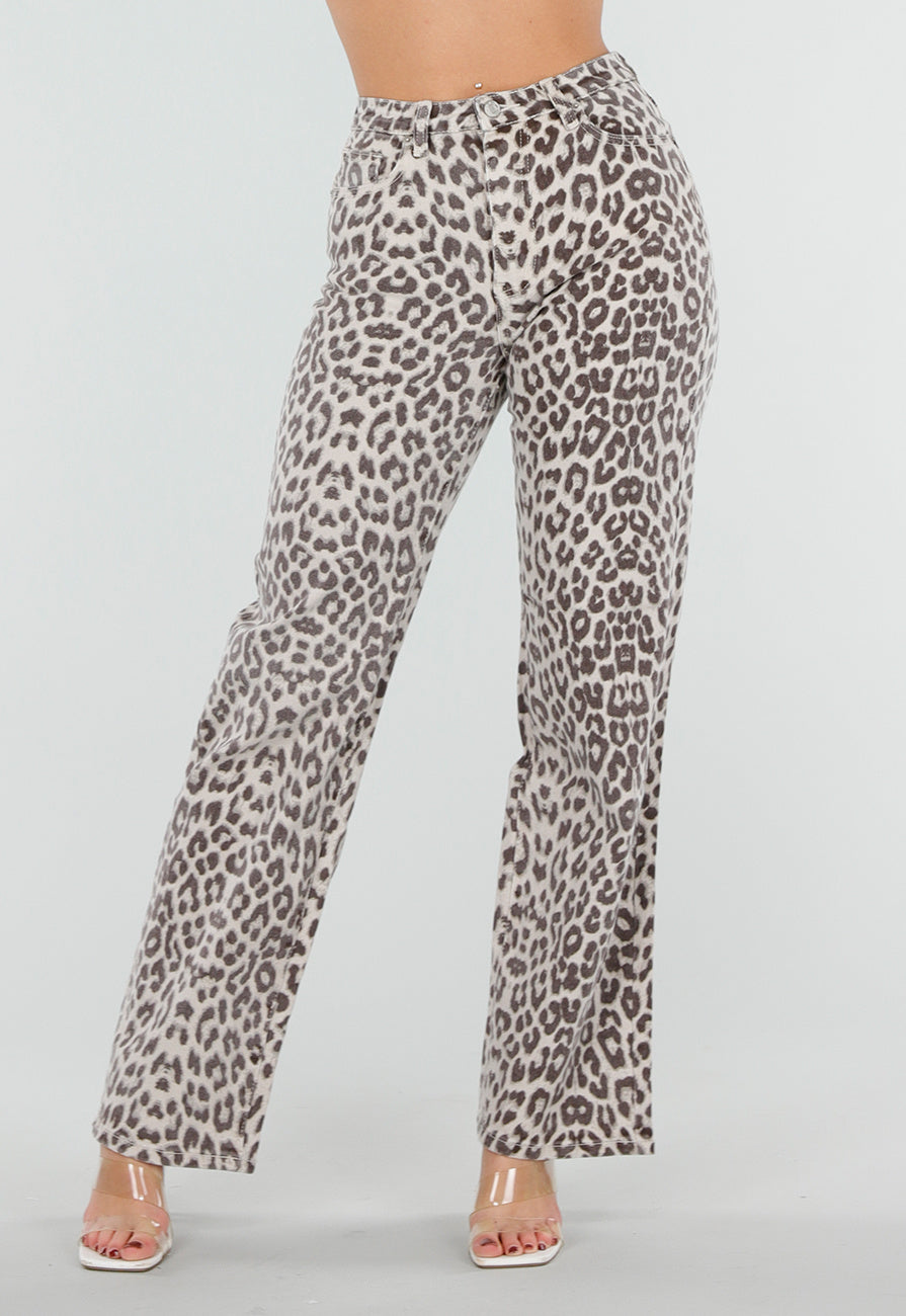 Beige Denim Straight Leg Jeans met Luipaardprint en Hoge Taille