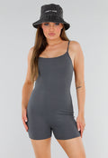 Grijze Playsuit met Ribstructuur, Stretch en Rechte Hals