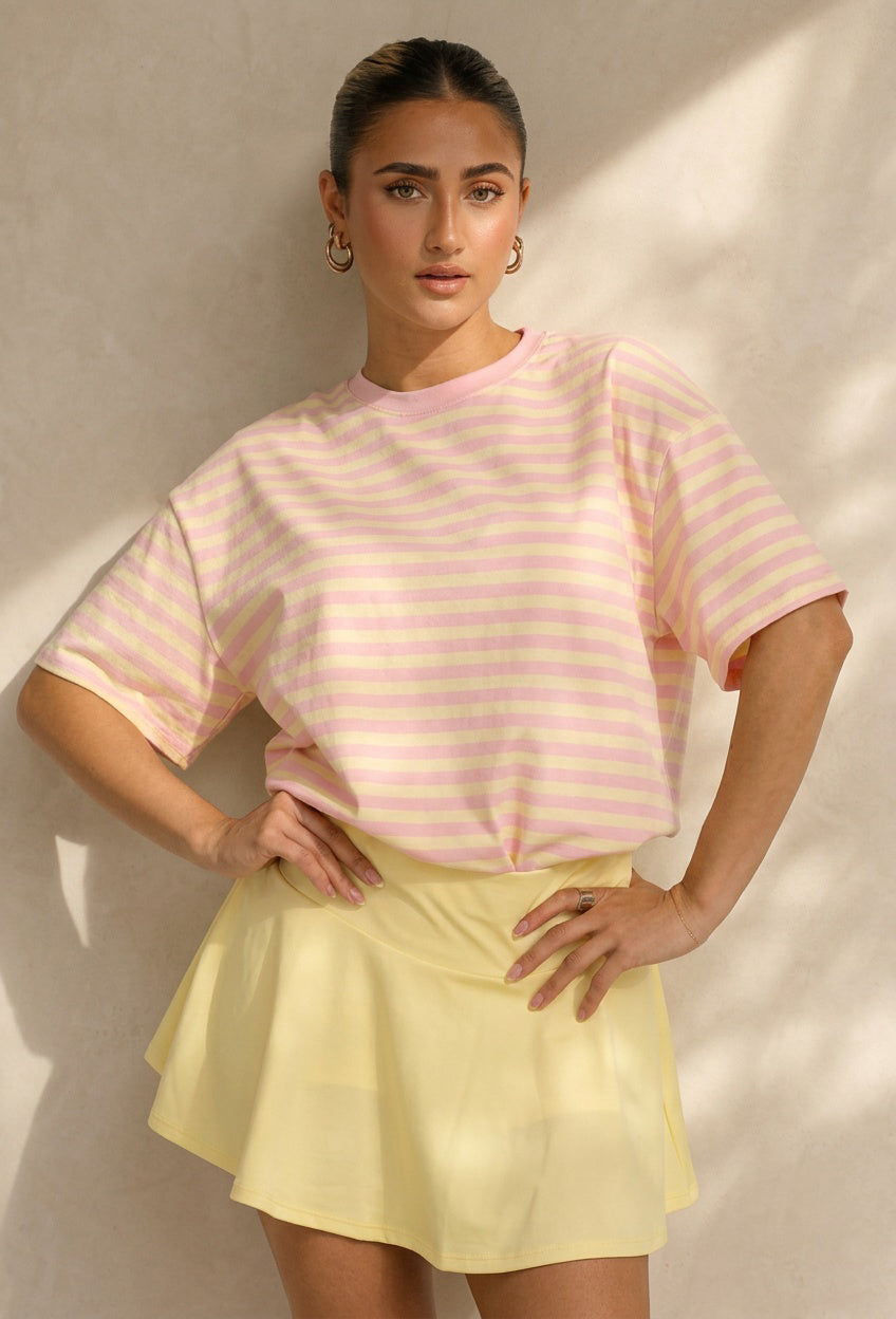 Roze en Geel Gestreept Oversized T-shirt met Korte Mouwen