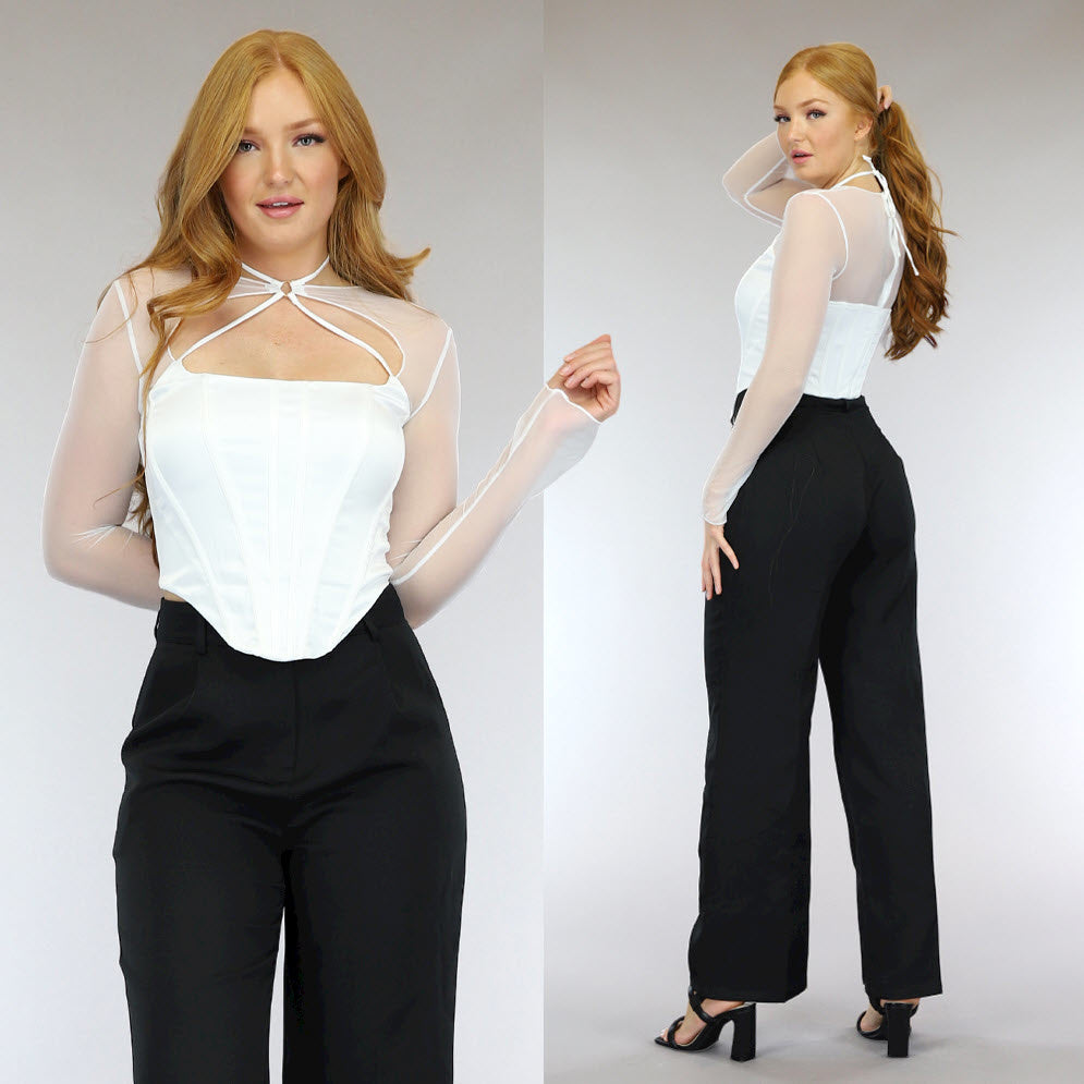 Witte Longsleeve Korset Top met Mesh Mouwen