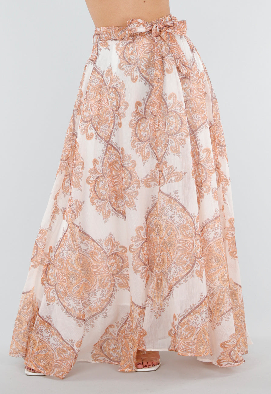 Oranje Maxi Rok met Paisley Print en Strikceintuur