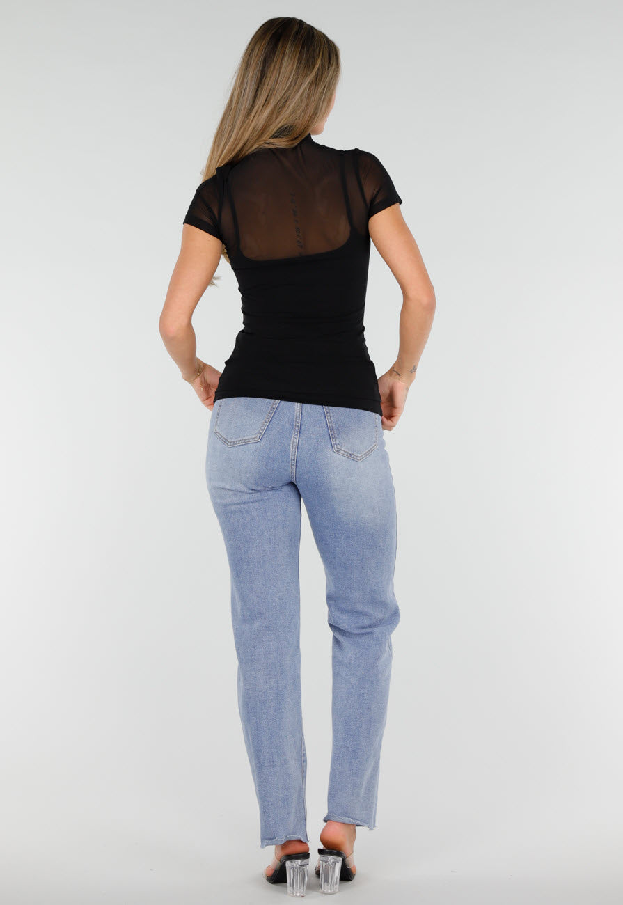 NEW010726 Zwarte Mesh Top met Hoge Hals en Pads