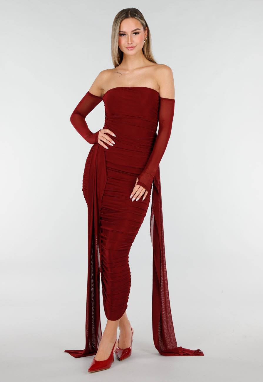 Bordeaux Rode Off Shoulder Mesh Jurk met Lange Mouwen